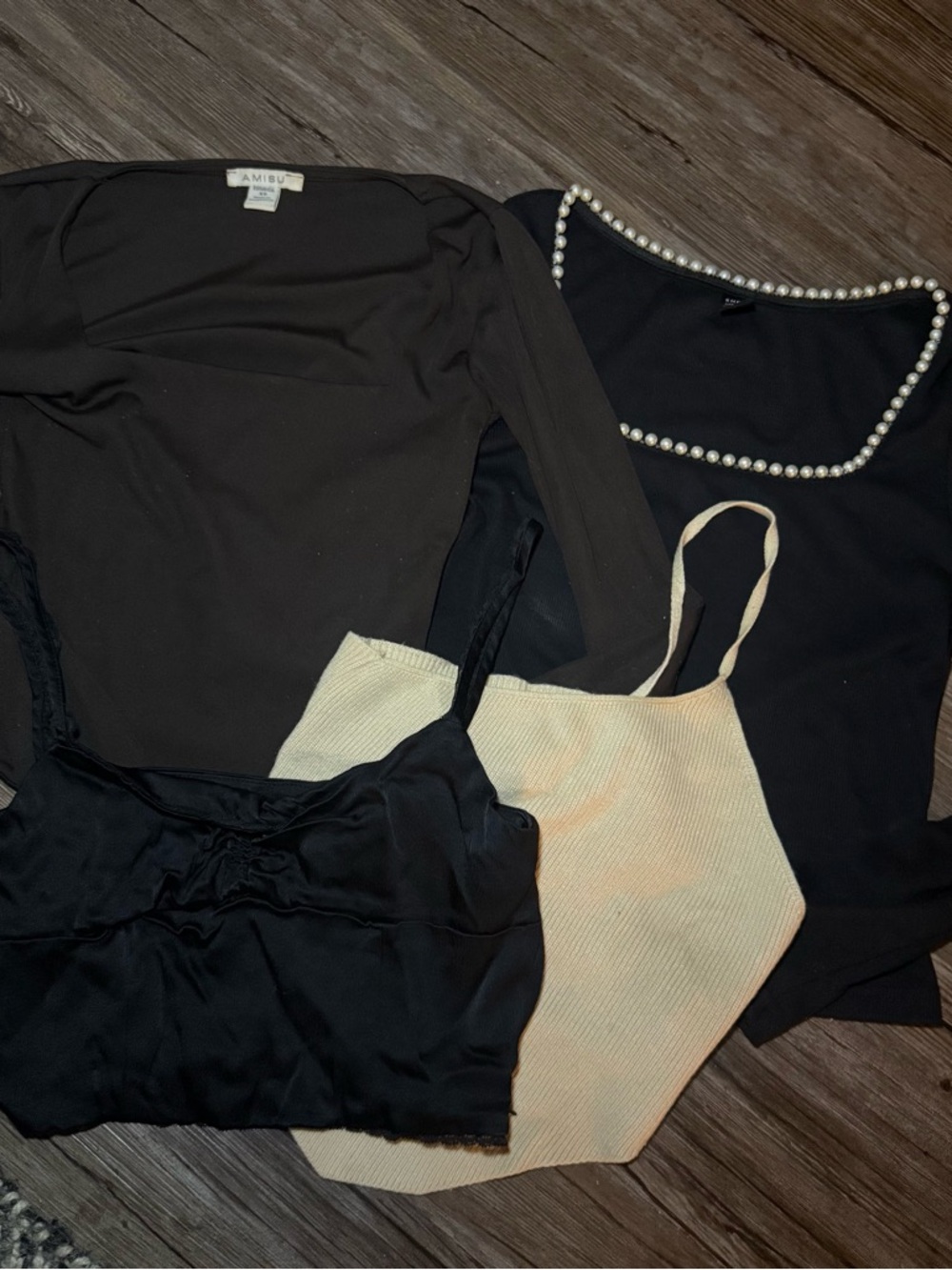 Amisu Black Pearl-Trim Top with Black Satin & Cream Knit Camisoles